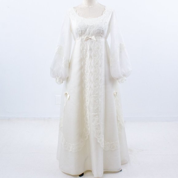 Vintage Dresses & Skirts - Wedding Dress Vintage 70s 6 Boho Long Sleeve Full Princess Bridal Gown Ivory